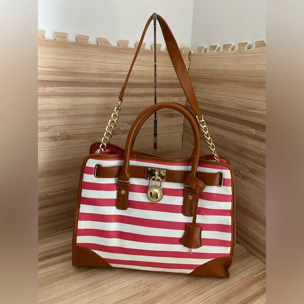 Michael Kors Hamilton Red/White Striped Canvas Leather Large Tote Purs